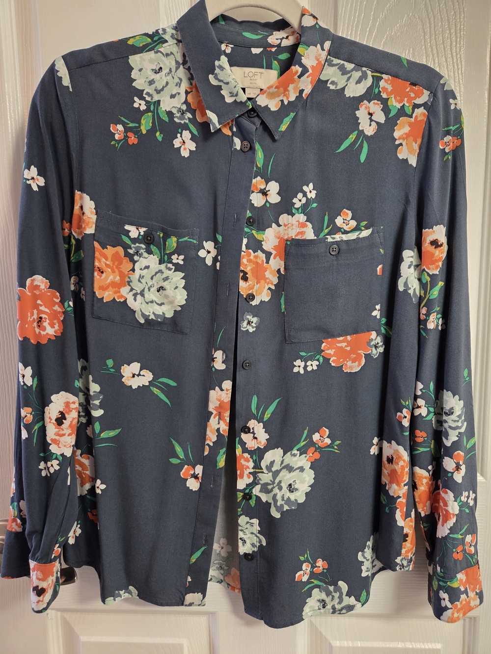LOFT Navy Floral Button-Down Shirt with Orange and Cream Blooms